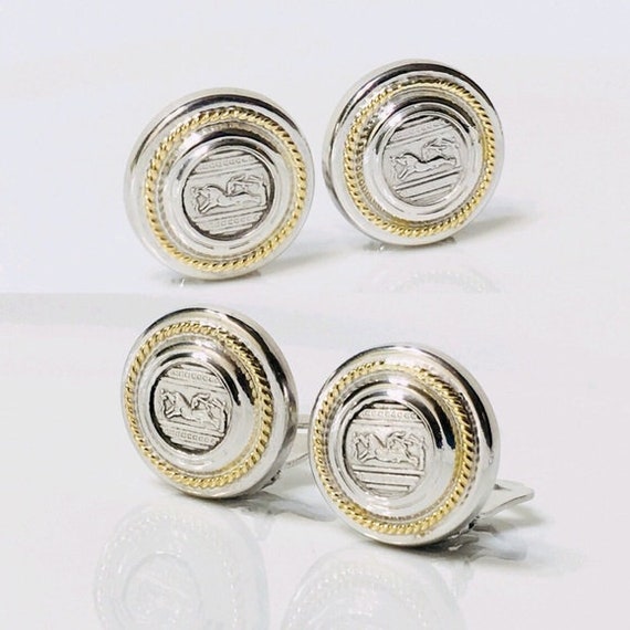 Two Tone Sterling 14k Gold Greek Coin Style Earri… - image 2