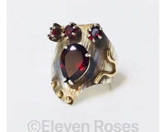 Artisan Studio Extra Large Brutalist Garnet Statement Ring 925 Sterling Silver 585 14k Yellow Gold Free US Shipping