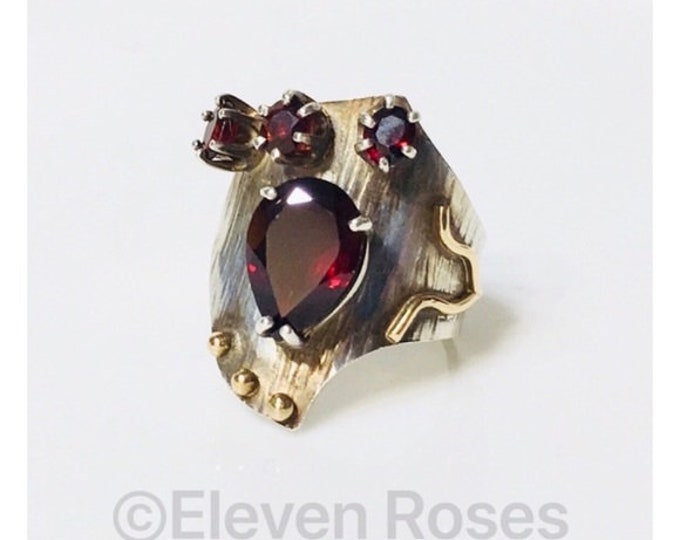 Artisan Studio Extra Large Brutalist Garnet Statement Ring 925 Sterling Silver 585 14k Yellow Gold Free US Shipping