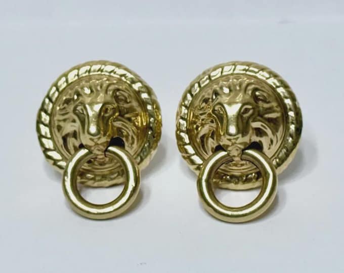 Vintage 14k Gold Lion Head Door Knocker Earrings