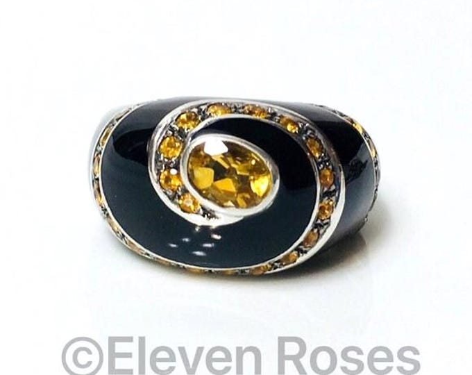 Black Enamel Citrine Sterling Dome Statement Ring