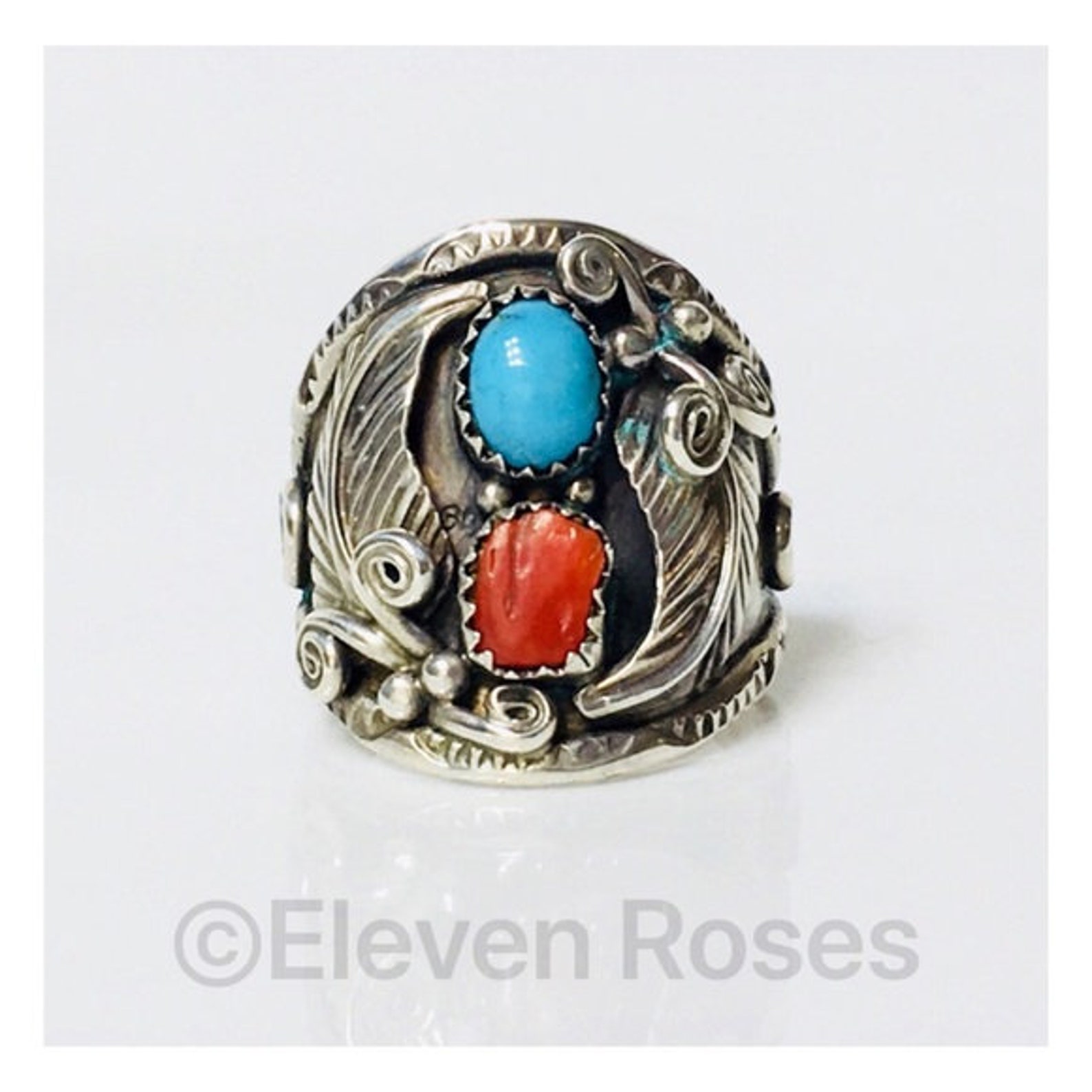 Vintage Navajo John Delvin Turquoise Red Coral Ring 925 Sterling Silver ...