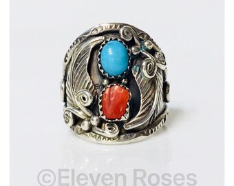Men's Vintage Navajo John Delvin Turquoise Red Coral Ring 925 Sterling Silver Free US Shipping