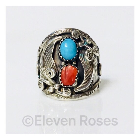 Men's Vintage Navajo John Delvin Turquoise Red Coral Ring - Etsy