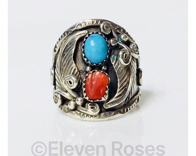 Men's Vintage Navajo John Delvin Turquoise Red Coral Ring 925 Sterling Silver Free US Shipping