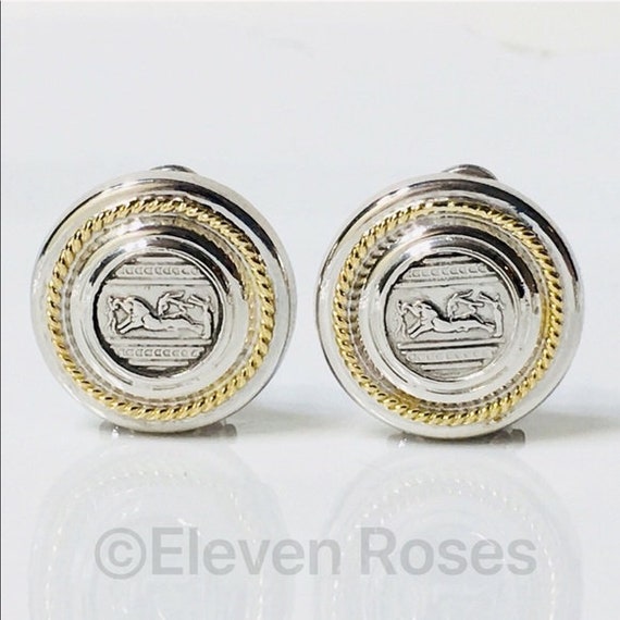Two Tone Sterling 14k Gold Greek Coin Style Earri… - image 9