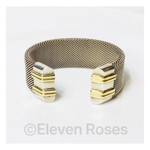 Designer Two Tone Industrial Wide Heavy Mesh Screw Cuff Bracelet 925 Sterling Silver & 750 18k Gold Free US Shipping