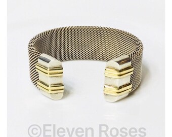 Designer Two Tone Industrial Wide Heavy Mesh Screw Cuff Bracelet 925 Sterling Silver & 750 18k Gold Free US Shipping