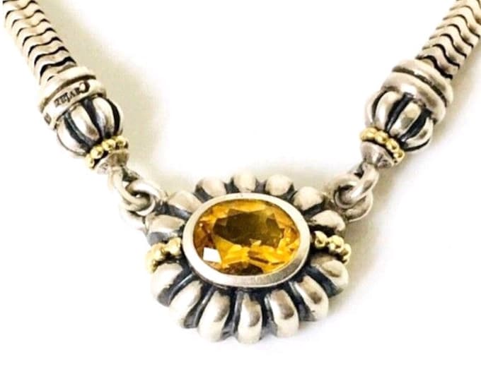 Preowned Lagos Caviar Citrine Fluted Pendant Statement Necklace 925 Sterling Silver 750 18k Gold