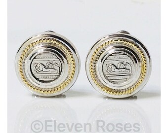 Two Tone Sterling 14k Gold Greek Coin Style Earrings Free US Shipping