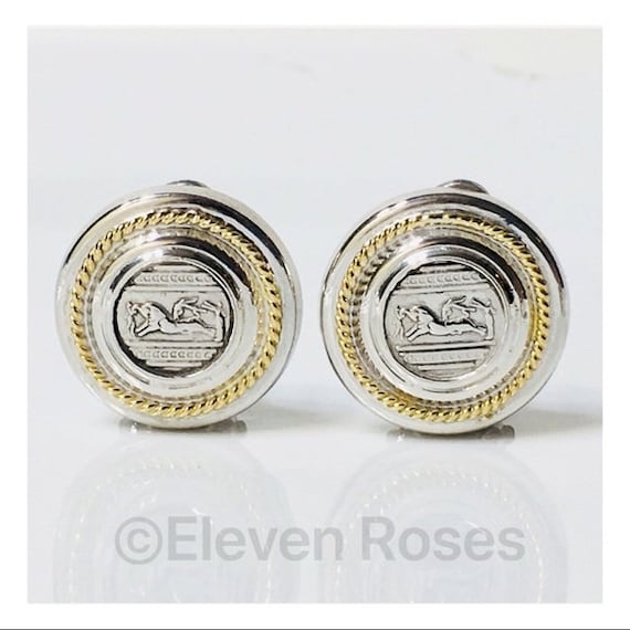 Two Tone Sterling 14k Gold Greek Coin Style Earri… - image 1