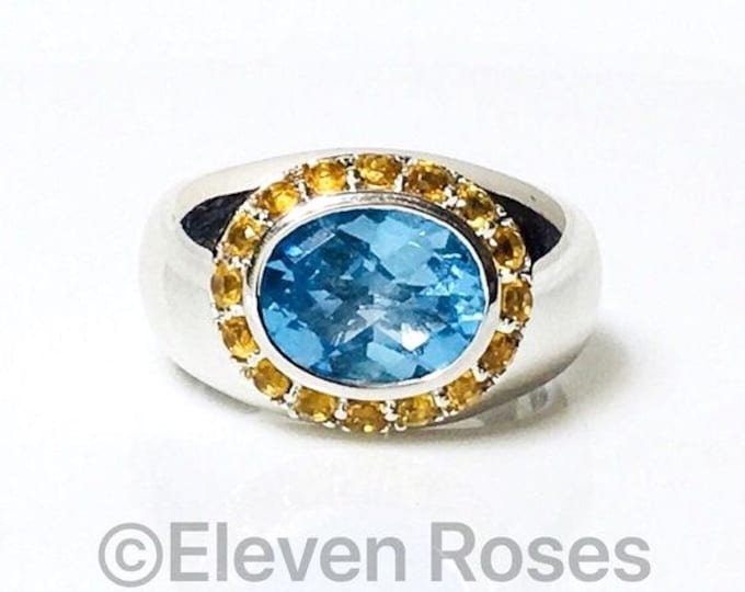750 18k Gold Blue Topaz Citrine Halo Cocktail Statement Ring