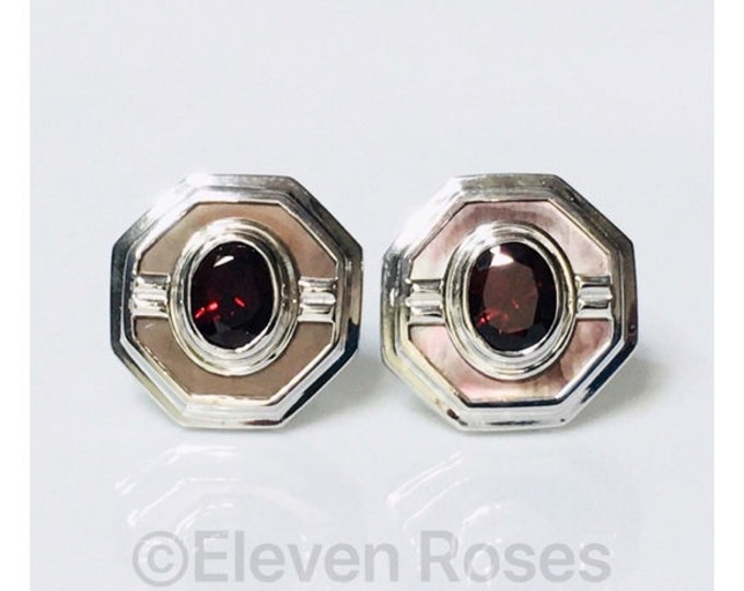 Large Vintage Mother Of Pearl Garnet Earrings 925 Sterling Silver 585 14k Gold Free US Shipping