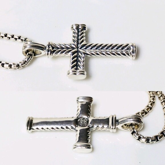 David Yurman Chevron Cross Pendant & Box Chain Necklace 925 Sterling ...