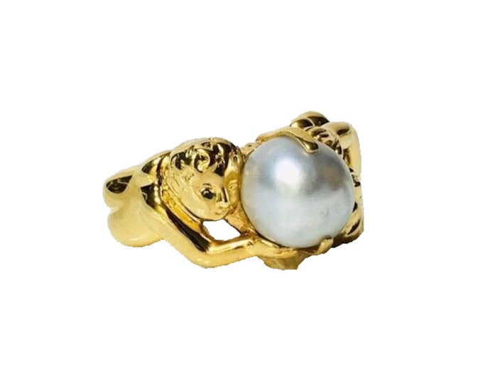 Large Art Nouveau 585 14k Gold Figural Cherub Pearl Ring Free US Shipping