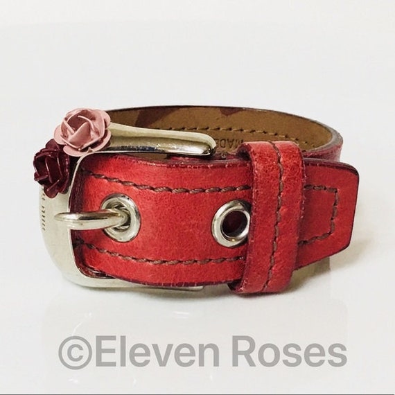 Miu Miu Red Leather Enamel Flower Buckle Bracelet Free US Shipping 