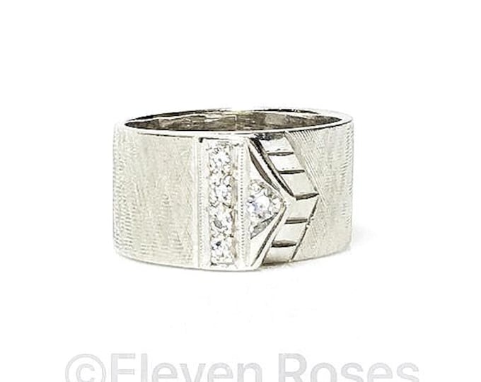 Vintage 14k White Gold Diamond Buckle Wide Band Ring
