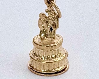 Vintage 14k Gold Mechanical Wedding Couple Cake Topper Baby Carriage Charm Pendant