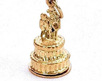 Vintage 14k Solid Gold Mechanical Wedding Couple Cake Topper Baby Carriage Charm Pendant