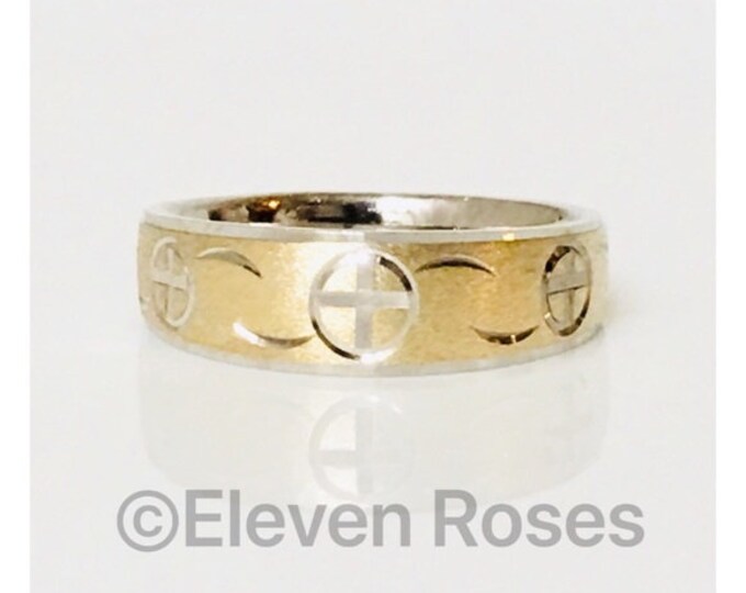 Men’s Diamond Cut Cross Comfort Band Ring 925 Sterling Silver & 14k Satin Brushed Gold Free US Shipping