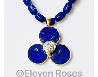 Vintage 14k & 18k Gold Lapis Lazuli Diamond Pendant Bead Strand Necklace Free US Shipping
