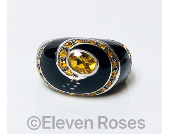 Extra Large Black Enamel Citrine Gemstone Statement Dome Ring Free US Shipping