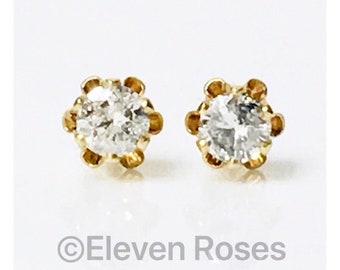 Vintage 585 14k Gold Natural Diamond Solitaire Stud Earrings Free US Shipping