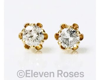 Vintage 585 14k Gold Natural Diamond Solitaire Stud Earrings Free US Shipping