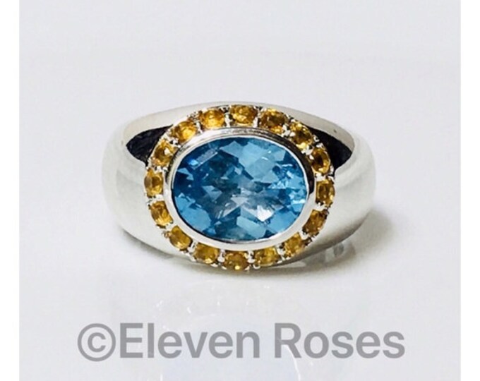 750 18k Gold Blue Topaz & Citrine Halo Cocktail Statement Ring Free US Shipping