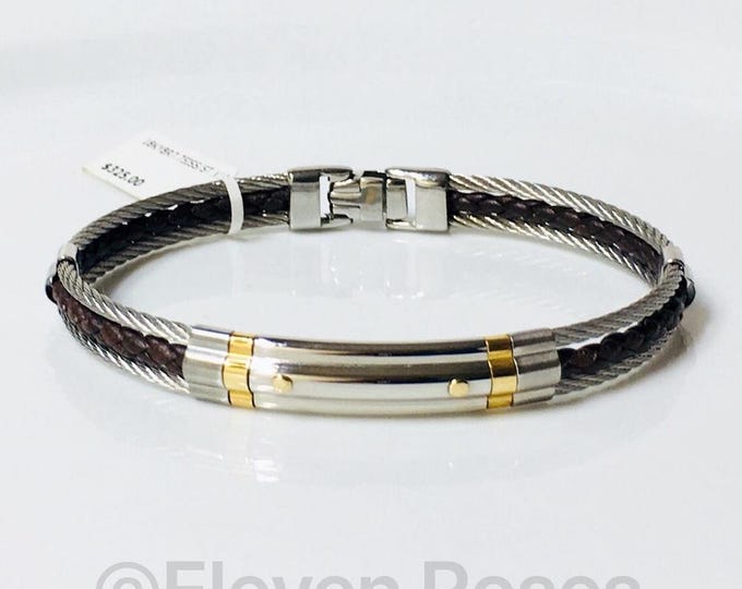 ALOR 18k Gold Steel Leather Cable Bracelet
