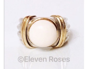 Designer Two Tone 925 Sterling Silver 750 18k White Agate Button Wide Statement Ring Yellow Gold Free US Shipping