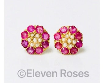 Vintage 750 18k Gold Pearl & Ruby Earrings Free US Shipping