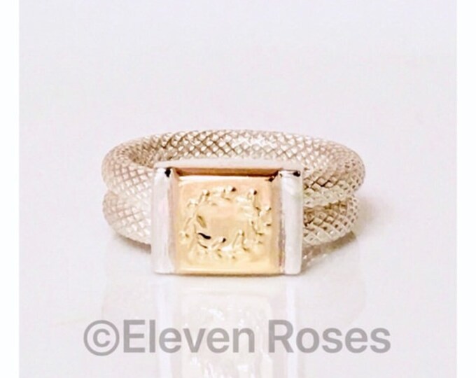 Two Tone Grecian Wreath Panel Signet Ring 925 Sterling Silver & 750 18k Gold Free US Shipping