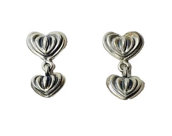 Preowned Lagos Caviar Heart Double Drop Earrings 925 Sterling Silver 585 14k Gold