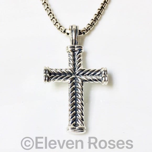 David Yurman Chevron Cross Pendant & Box Chain Necklace 925 Sterling ...