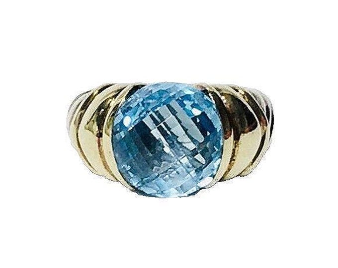 Vintage Yurman Large Blue Topaz Capri Ring Two Tone 925 Sterling Silver 585 14k Gold