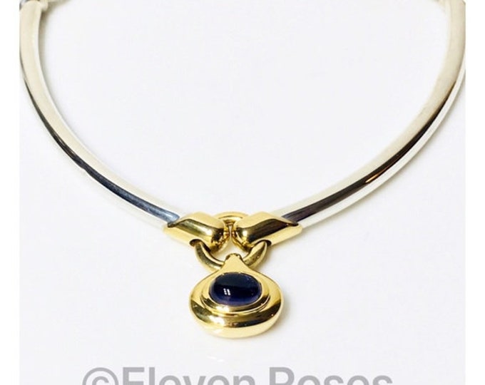 Movado Iolite Cabochon Choker Necklace 925 Sterling Silver & 750 18k Gold Free US Shipping