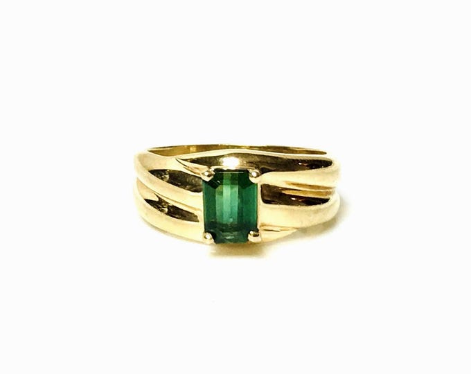 14k Gold Emerald Cut Green Tourmaline Solitaire Ring