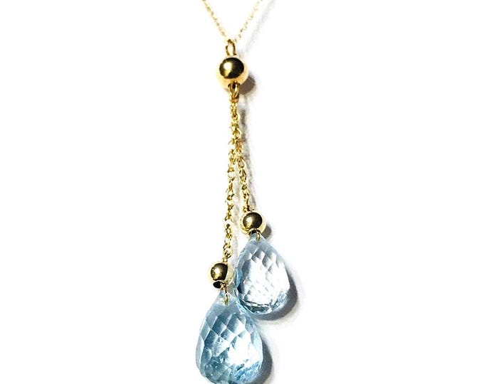 14k Gold Blue Topaz Briolette Dangle Drop Necklace