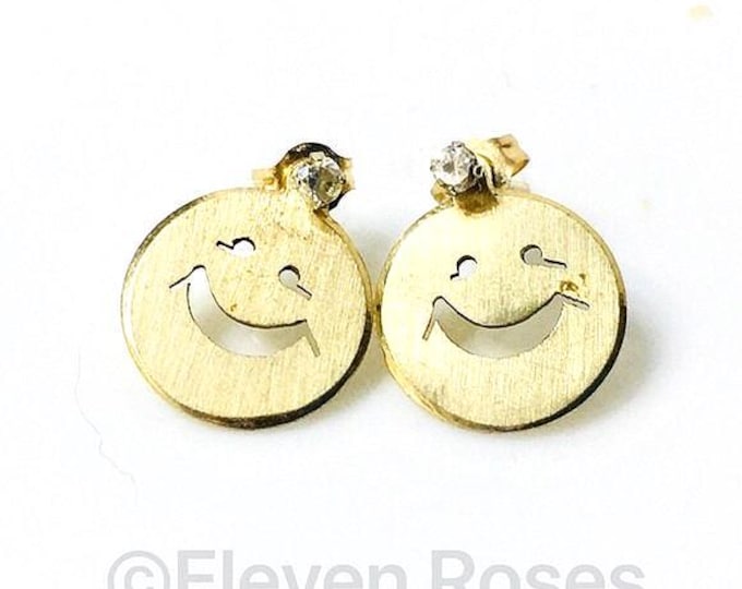 14k Gold Emoji Smiley Face Stud Earrings Enhancers Set