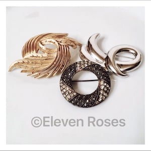 Vintage Brooch Lot Of 3 Trifari Napier 925 Sterling Silver Gold Marcasite Stones Free US Shipping