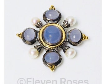 Large Chalcedony Pearl Brooch 925 Sterling Silver 585 14k Gold Free US Shipping