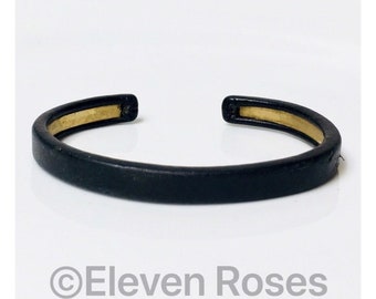 Preowned Unisex Maison Martin Margiela Engraved Black Leather Over Gold Cuff Bracelet