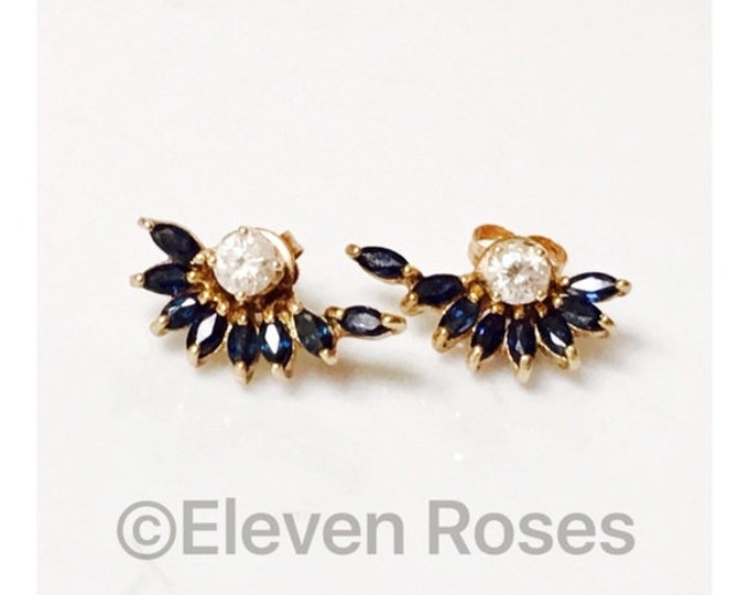 10k Gold Dark Blue Sapphire Stud Earrings Enhancer Halo Jackets Free US Shipping