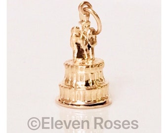 Vintage 14k Gold Mechanical Wedding Couple Cake Topper Baby Carriage Charm Free US Shipping