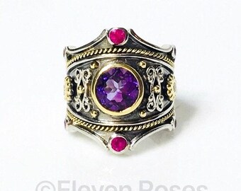 Eli Jewels Etruscan Amethyst Ruby Diamond Multi Stone Statement Ring 925 Sterling Silver 750 18k Gold