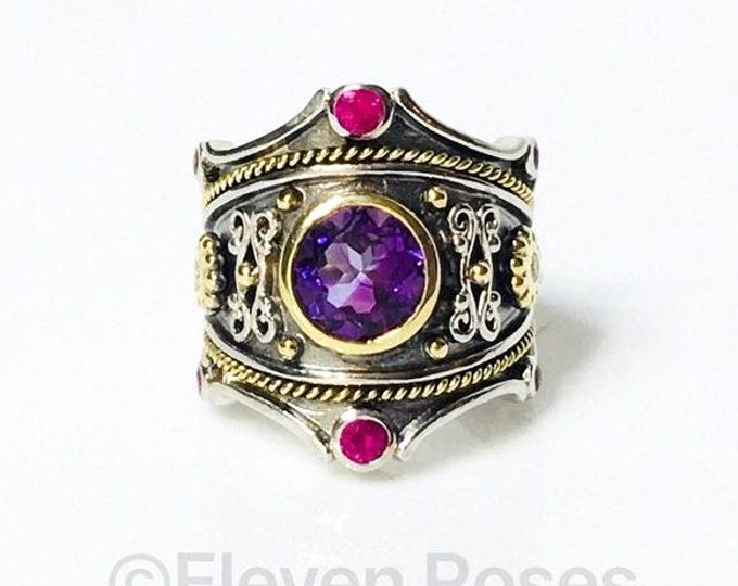 Eli Jewels Etruscan Amethyst Ruby Diamond Multi Stone Statement Ring 925 Sterling Silver 750 18k Gold