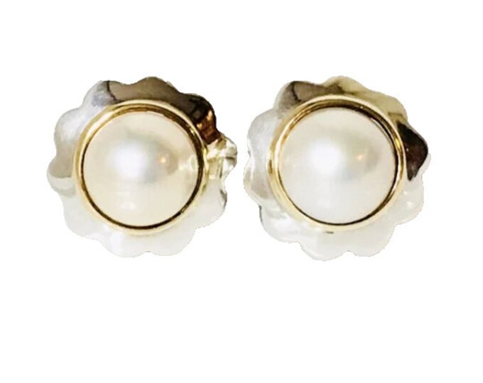 Vintage Tiffany & Co. Mabe Pearl Earrings 925 Sterling Silver 750 18k Gold Free US Shipping