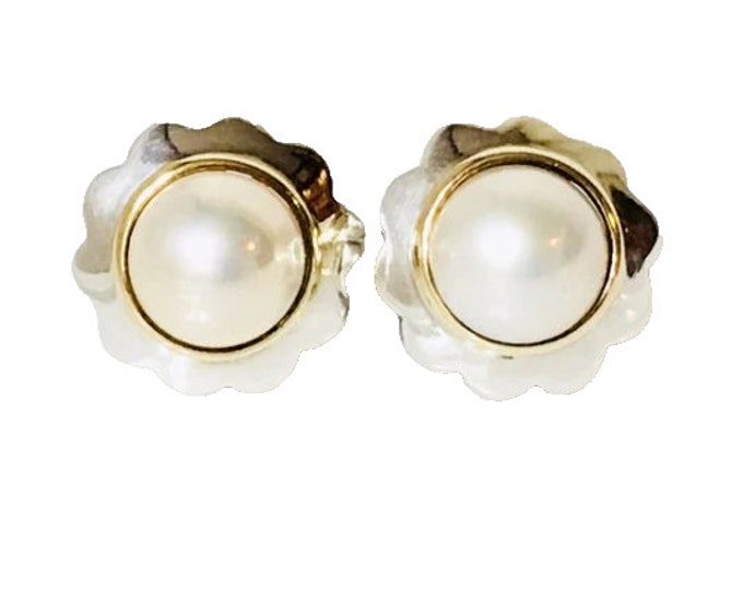 Vintage Tiffany & Co. Mabe Pearl Earrings 925 Sterling Silver 750 18k Gold Free US Shipping