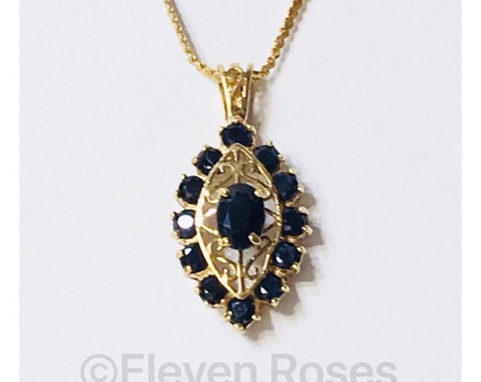 Vintage 10k Gold Blue Sapphire Filigree Waterfall Pendant Free US Shipping